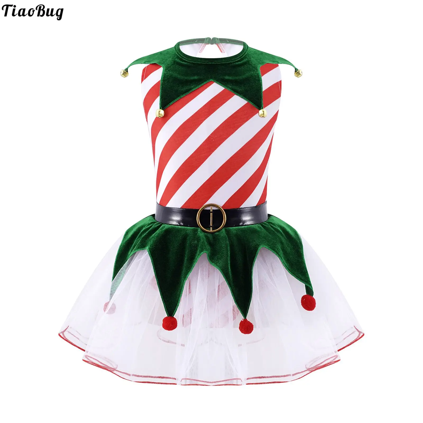 Lapsed Tüdrukud Jõulud Tulemuslikkuse Kostüümid Varrukateta Triibud Prindi Tagurpidi Kolmnurk Kohandatud Hem Koos Kellad Silma Tutu Kleit 0