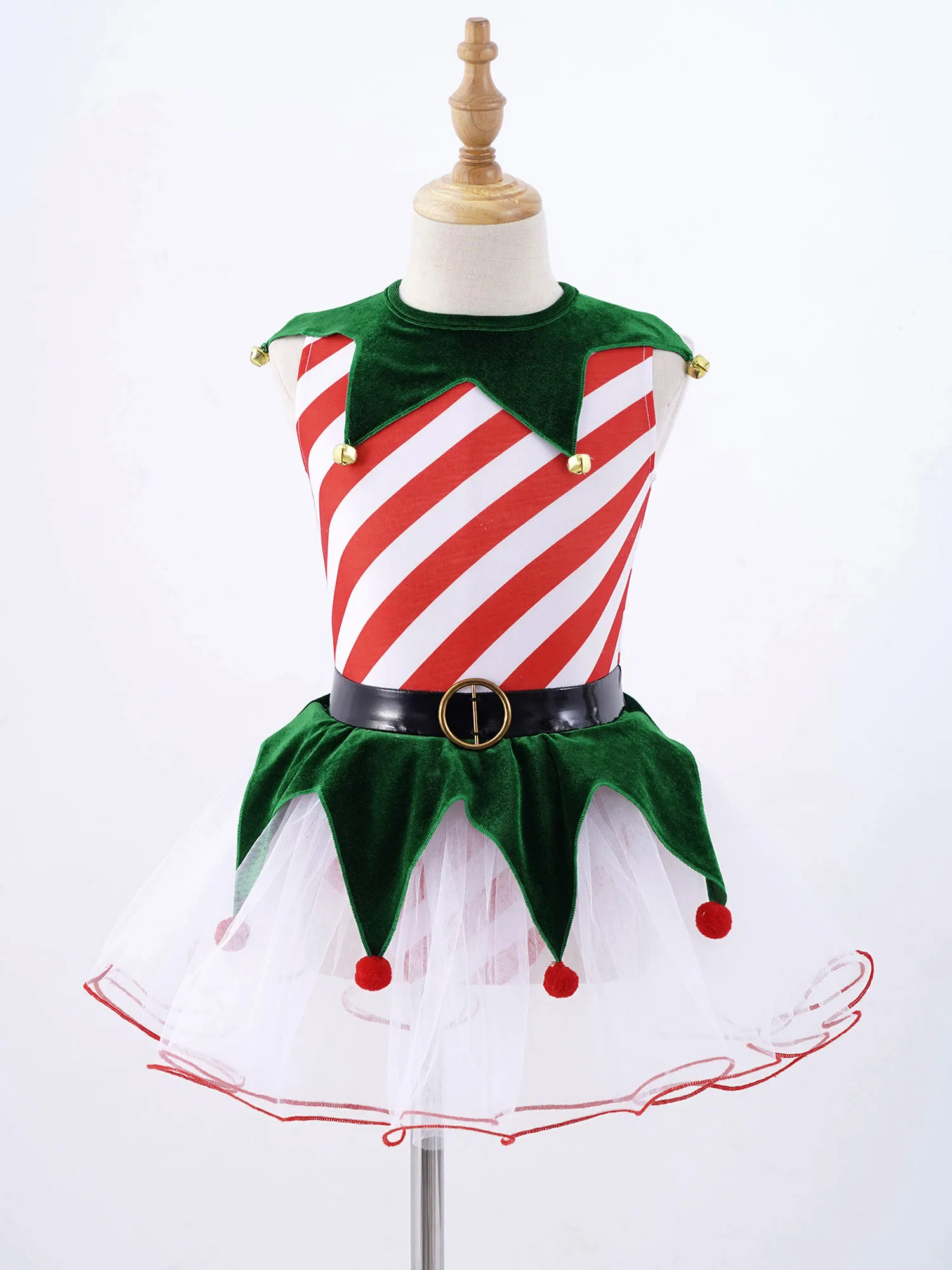 Lapsed Tüdrukud Jõulud Tulemuslikkuse Kostüümid Varrukateta Triibud Prindi Tagurpidi Kolmnurk Kohandatud Hem Koos Kellad Silma Tutu Kleit 2