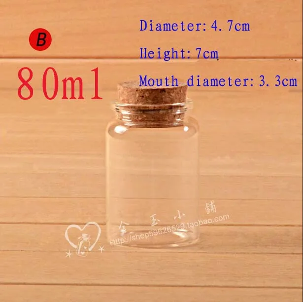 Võimsus 80ml (4.7*7*3.3 cm) 30pcs/palju läbipaistev armas klaasist viaali puidust pistik, Klaasist Pudelid korgist,mini klaasist viaal 0