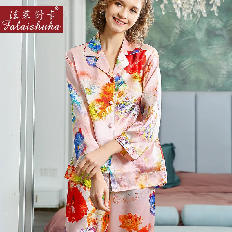 100% Naturaalne Siid Sleepwear Naiste Kevad-Sügis Pajama Komplekti Puhas Siidiusside Ja Siidist Trükitud Pika Varruka Pidžaamad Naiste T8129 1