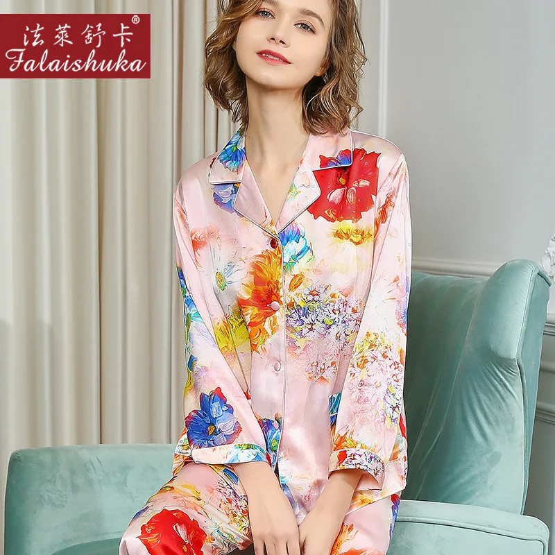100% Naturaalne Siid Sleepwear Naiste Kevad-Sügis Pajama Komplekti Puhas Siidiusside Ja Siidist Trükitud Pika Varruka Pidžaamad Naiste T8129 2