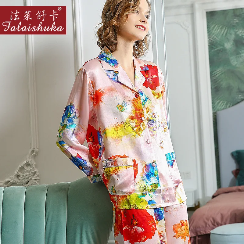 100% Naturaalne Siid Sleepwear Naiste Kevad-Sügis Pajama Komplekti Puhas Siidiusside Ja Siidist Trükitud Pika Varruka Pidžaamad Naiste T8129 3